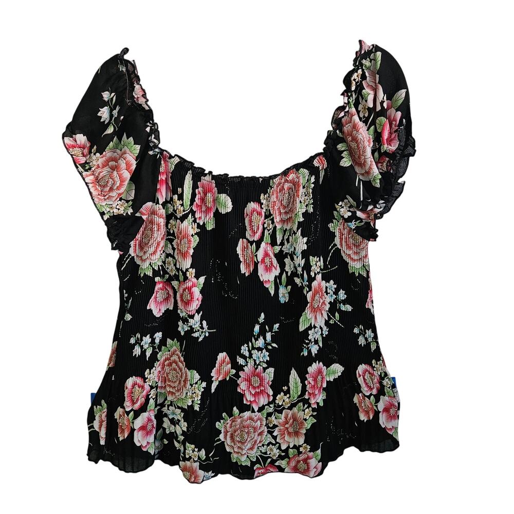 Rene Margo M Ruffle Trim Flounce Blouse Black Rib Floral Rosette Dark Fairycore